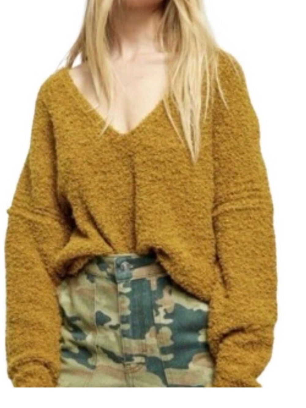 Free People Mustard Bouclé V-Neck Sweater